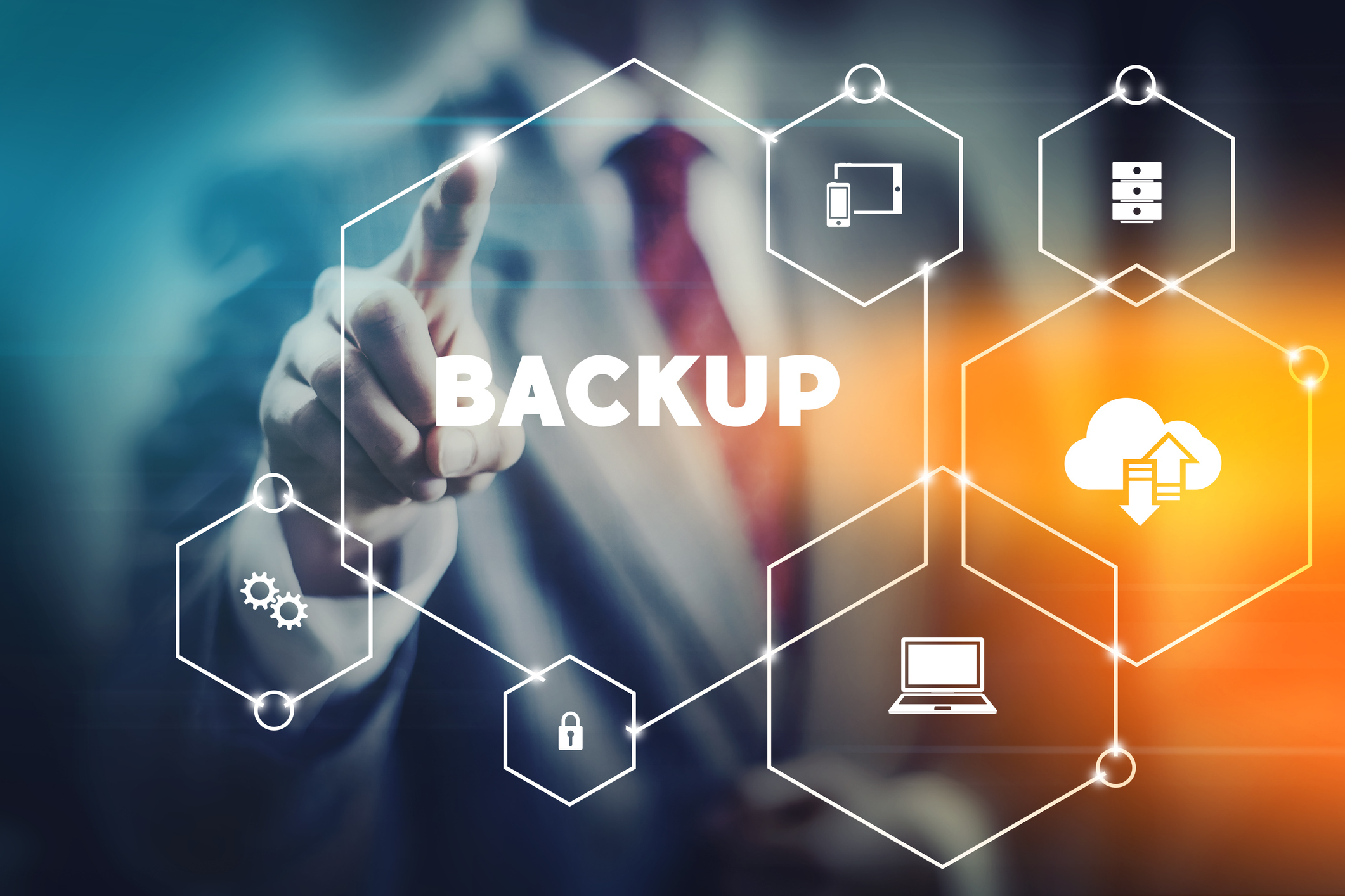 Data security backup concept, business man selecting word from modern virtual interface.