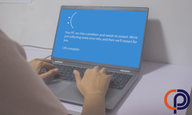 Laptop computer showing its blue screen with blue screen of death.