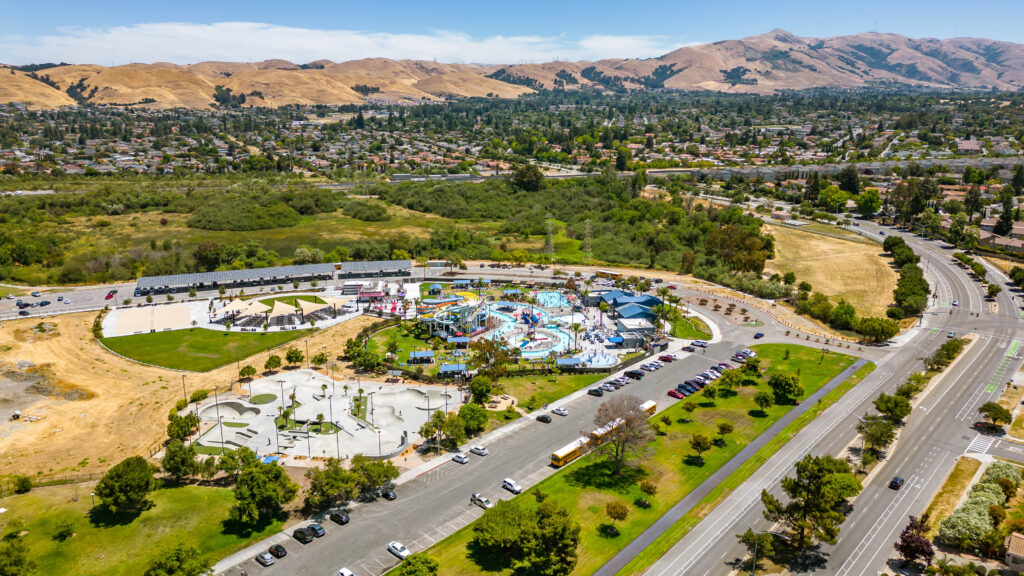 Fremont, California Aerial images of Aqua Adventure Waterpark in Fremont, California with people playing in the grass and waterpark