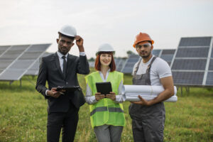 People from various industries standing in a field. 