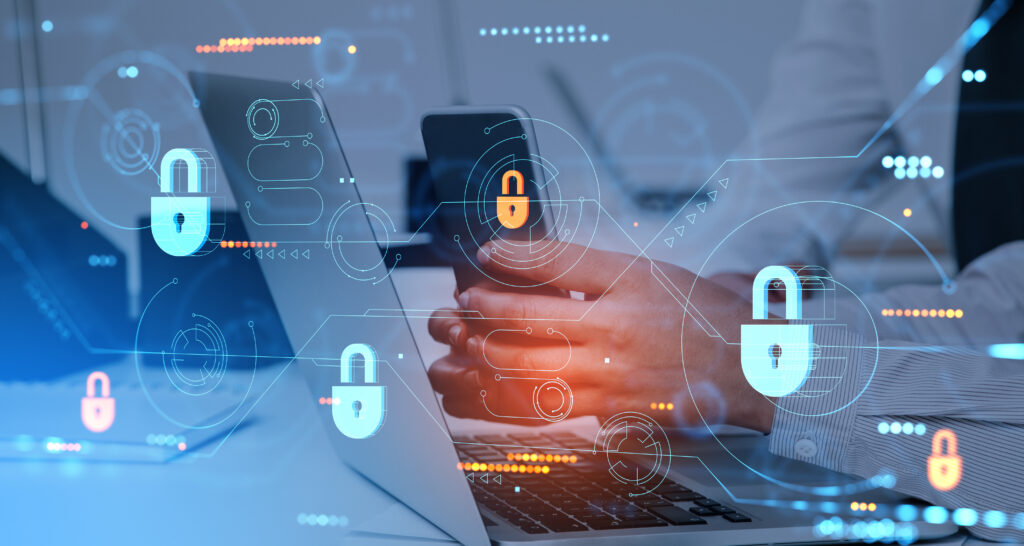 Woman with laptop & holding a phone; padlocks and penetration testing and cybersecurity icons as overlay.