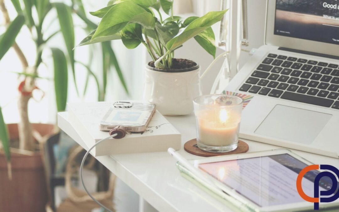 Modern workplace with employees using AI, IoT, and remote collaboration tools.