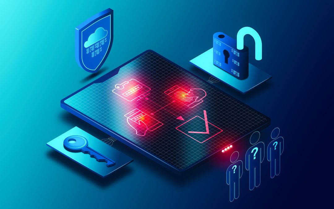 Screen with authentication factors surrounded by digital access and identity elements.