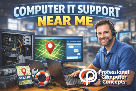 Computer IT support near me technician assisting with laptop and network troubleshooting in a modern office, highlighting fast local business IT support services.