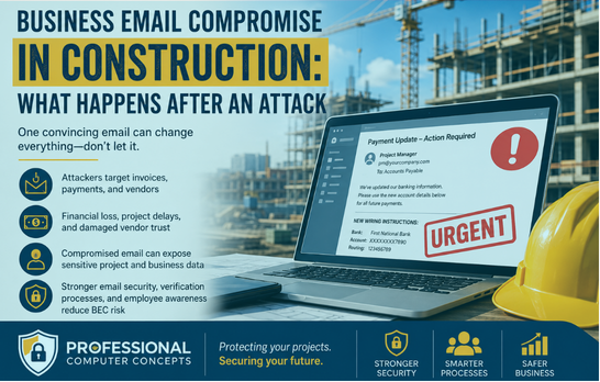 Professional Computer Concepts helps reduce business email compromise construction risks with proactive email security and identity protection.