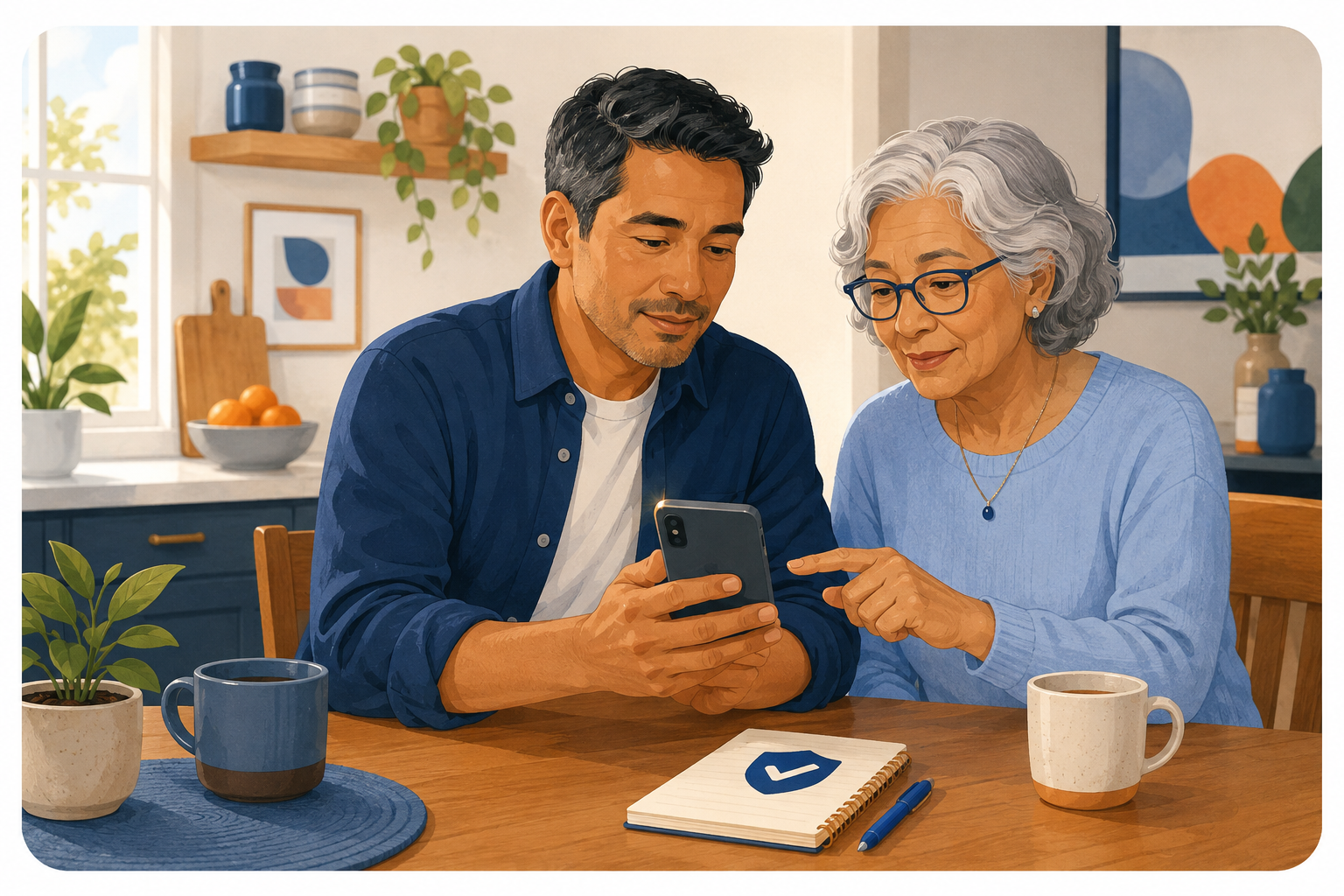 A woman and man calmly reviewing a message on a phone together
