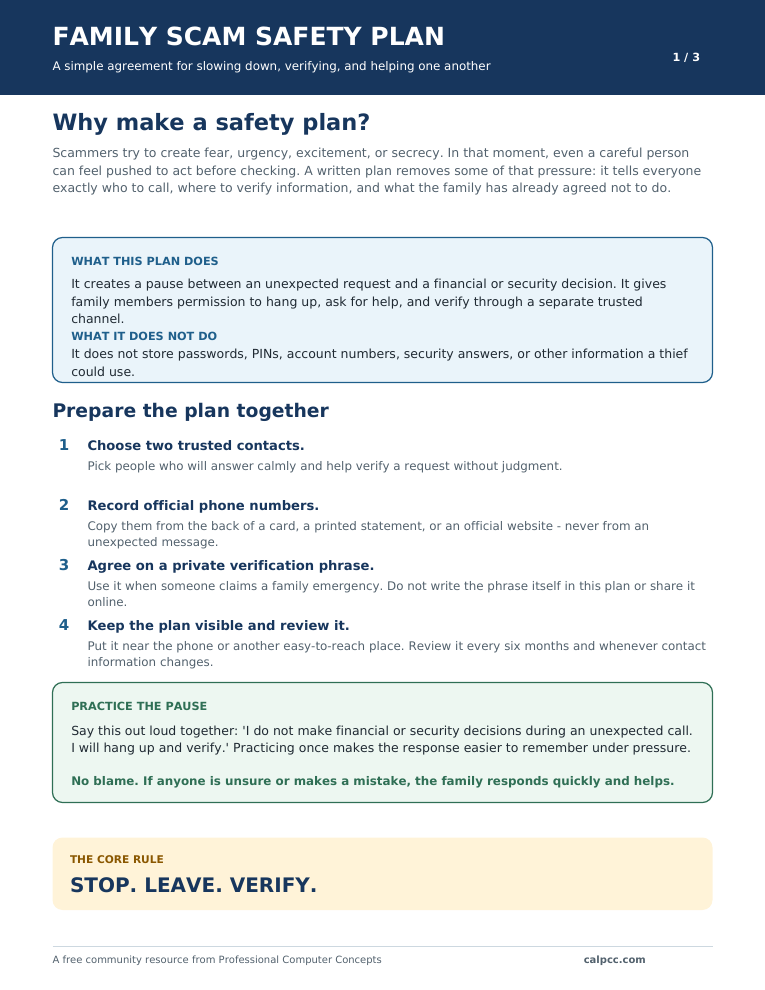First page preview of the Family Scam Safety Plan