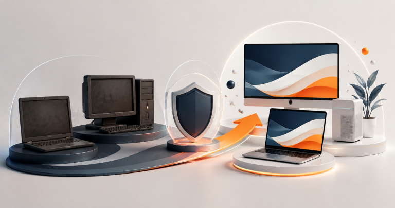 PCC’s Windows 10 end-of-support resource, illustrating the transition from aging computers to modern, secured business systems.