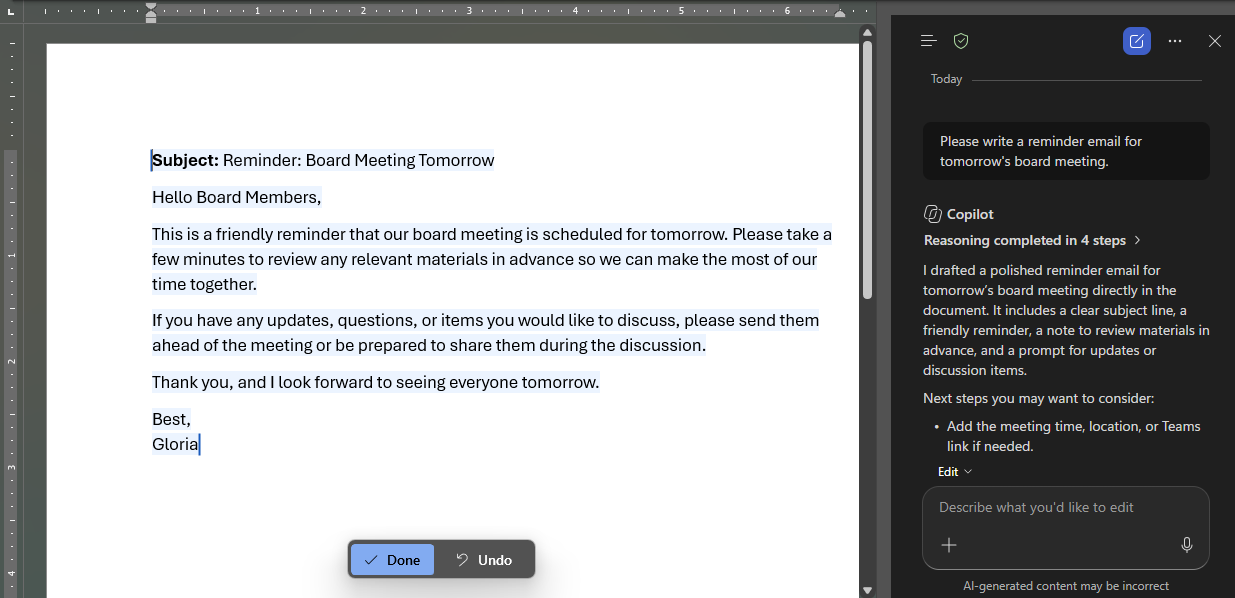 Reviewing a draft created by Copilot in Word