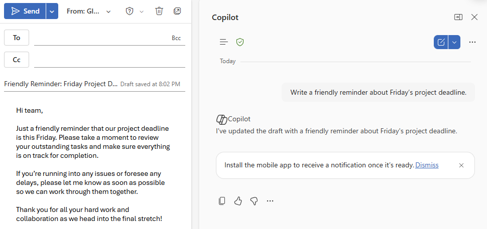 Email draft created by Copilot in Microsoft Outlook
