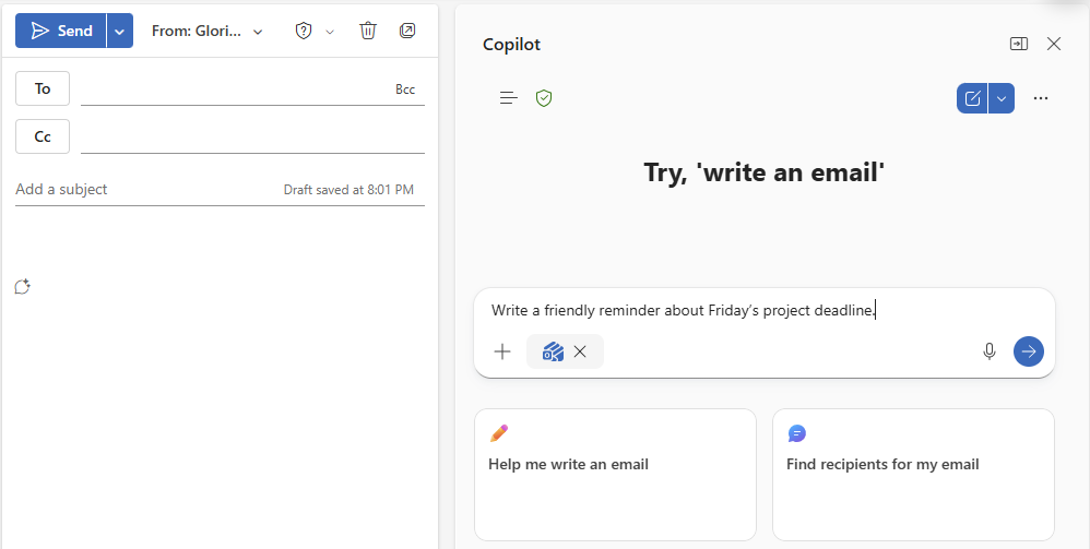 Draft with Copilot prompt field containing a sample email request