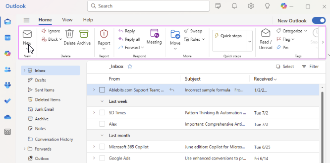 Microsoft Outlook with the New mail button highlighted