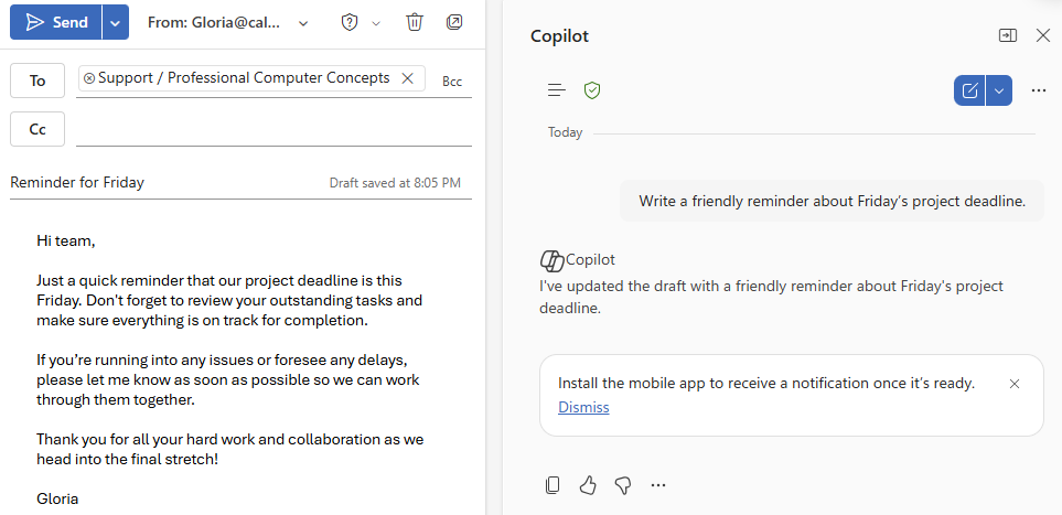 Completed Outlook email being reviewed before it is sent