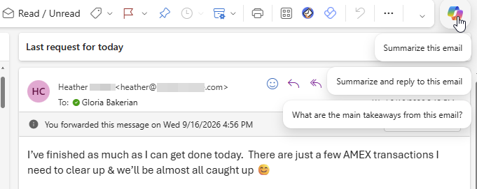 Copilot summarizing an email conversation in Microsoft Outlook