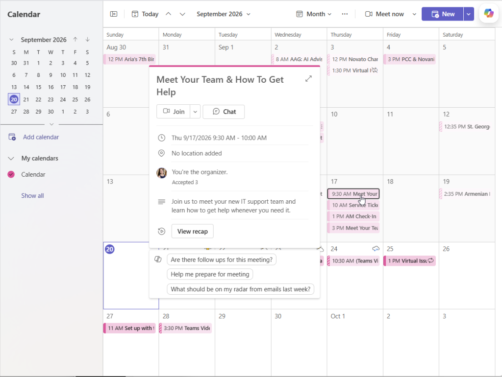 Microsoft Teams calendar showing a scheduled online meeting