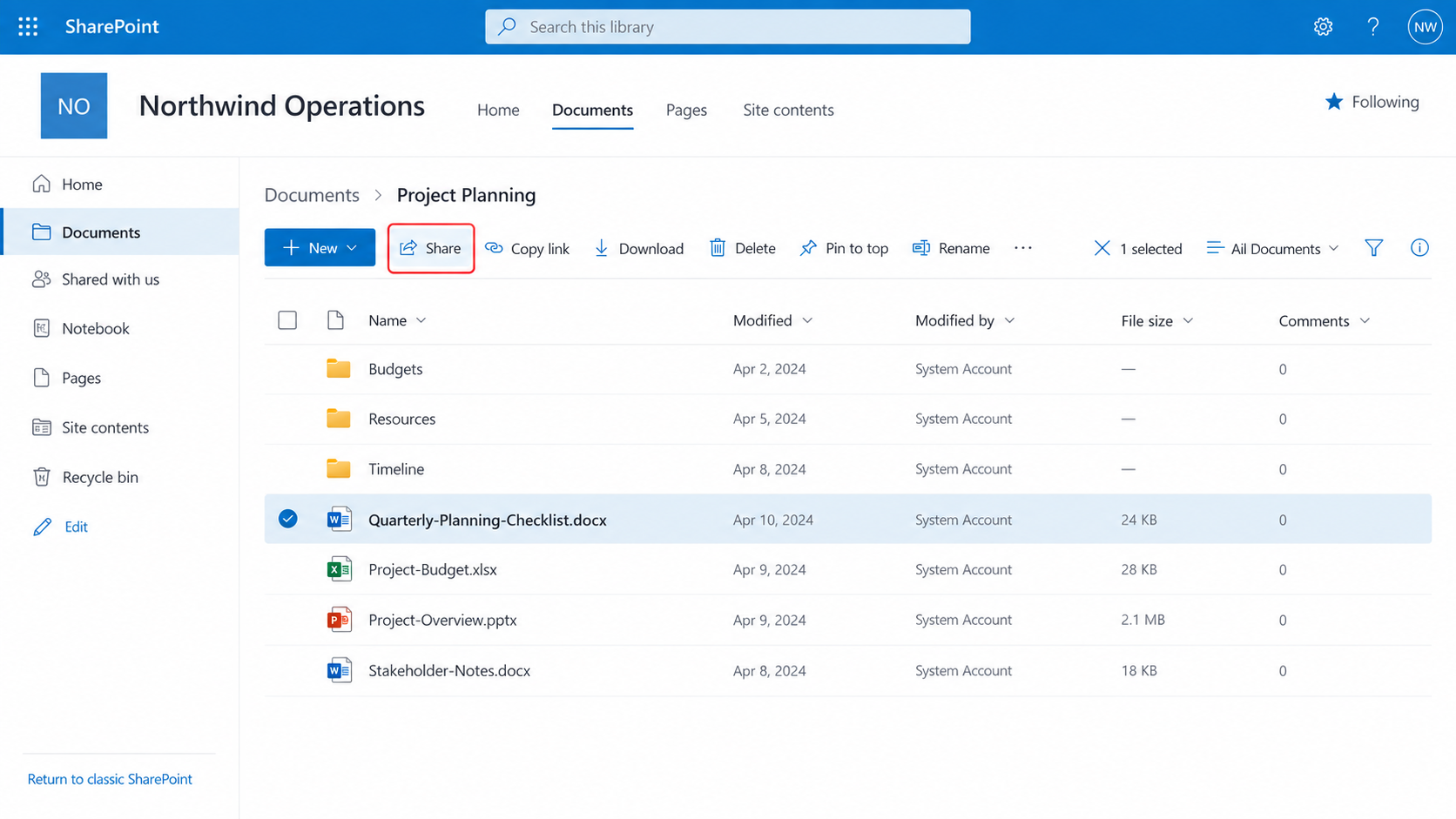 Selecting a file to share in SharePoint