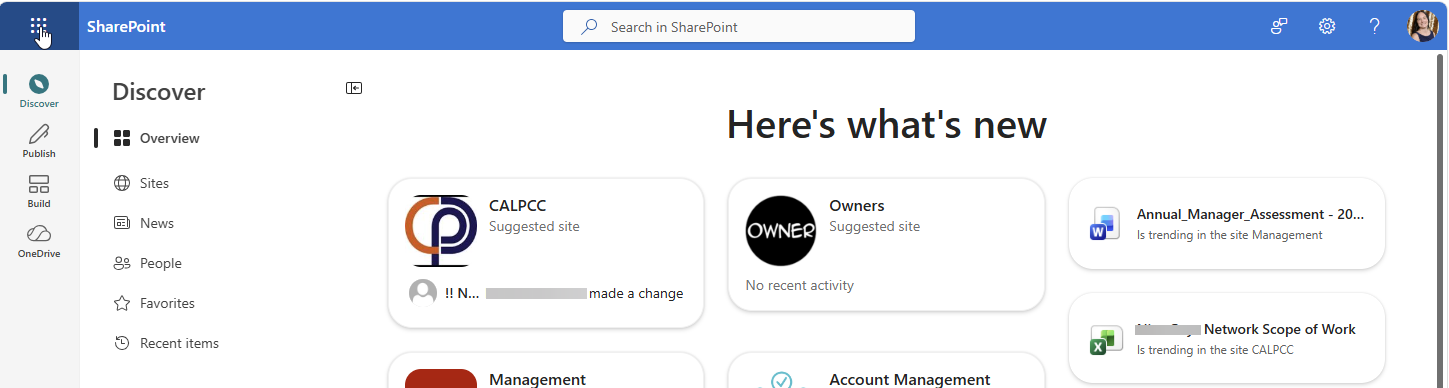 SharePoint start page showing site navigation, suggested sites and the SharePoint search box