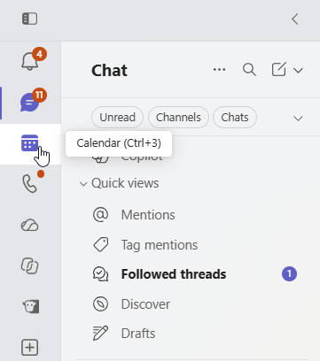 Microsoft Teams Calendar with the Calendar navigation option highlighted