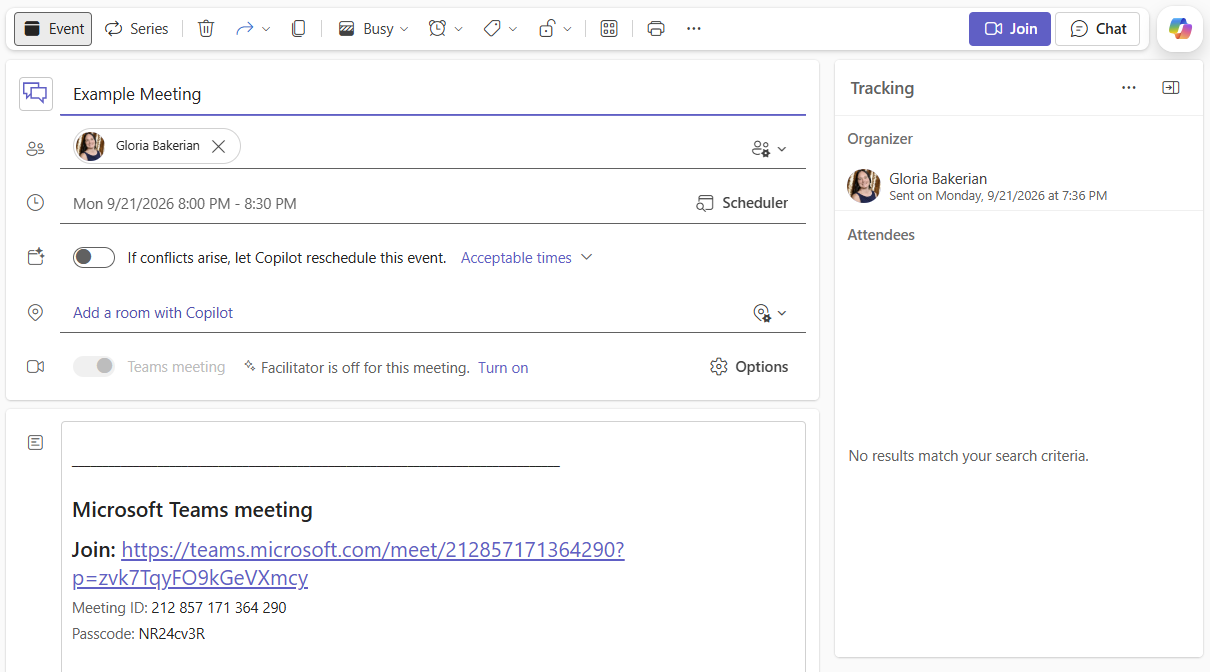 Microsoft Teams meeting invitation with title, attendees, date and time fields