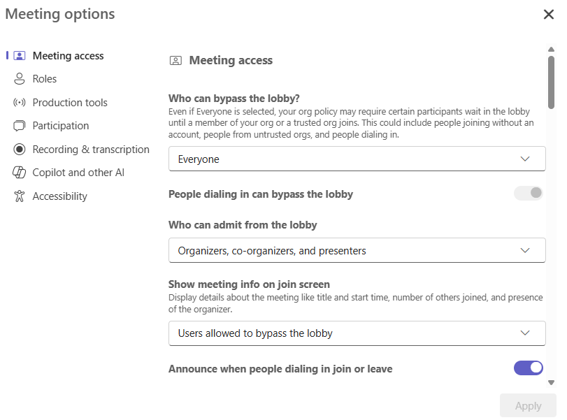 Microsoft Teams meeting options for lobby access, presenters, microphones, cameras and recording