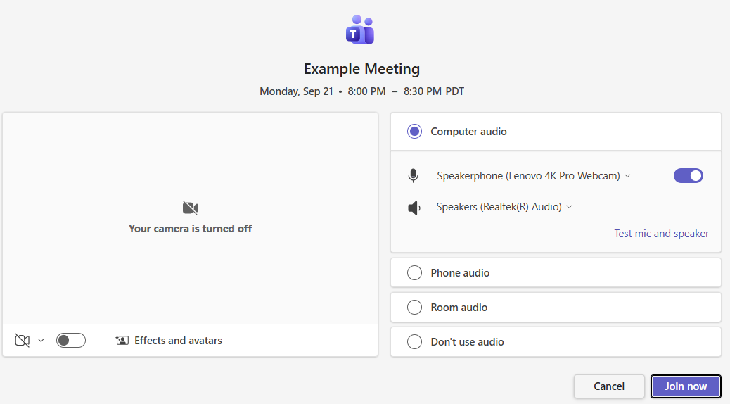 Microsoft Teams pre-join screen with camera, microphone, background and Join now controls