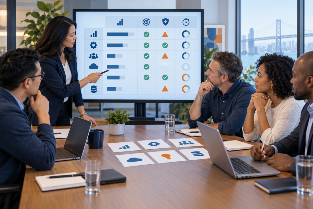 Business leaders using an AI project prioritization scorecard to compare departmental ideas