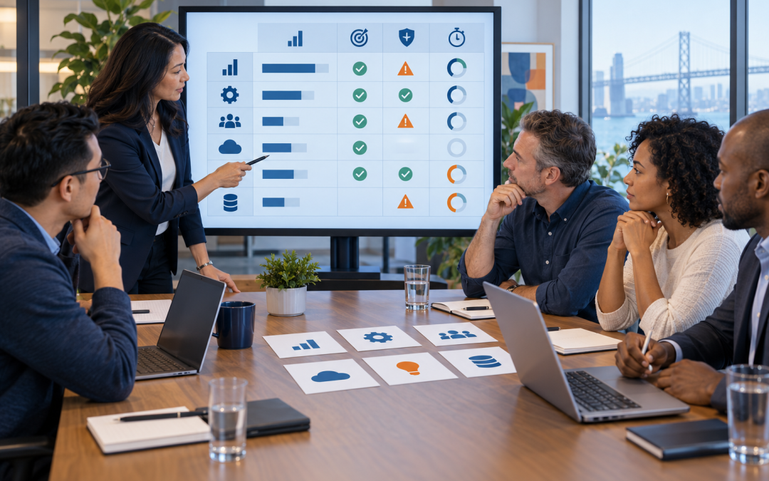 Business leaders using an AI project prioritization scorecard to compare departmental ideas