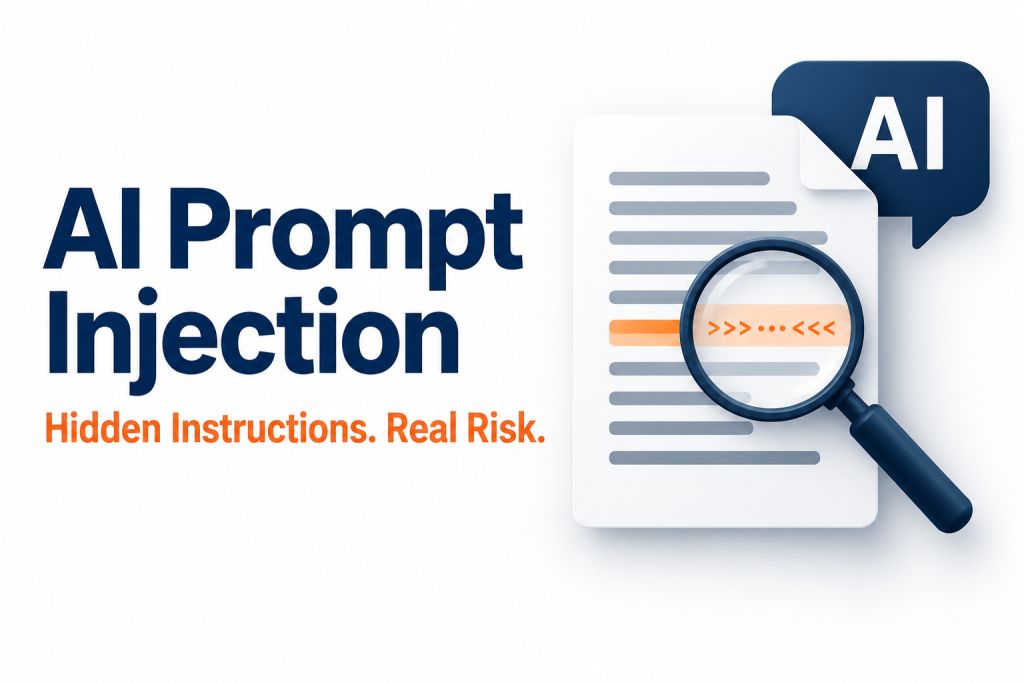 AI prompt injection illustration showing a magnifying glass revealing hidden instructions in a document beside an AI speech bubble.