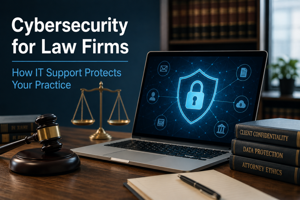Cybersecurity for law firms with secure laptop, legal gavel and scales
