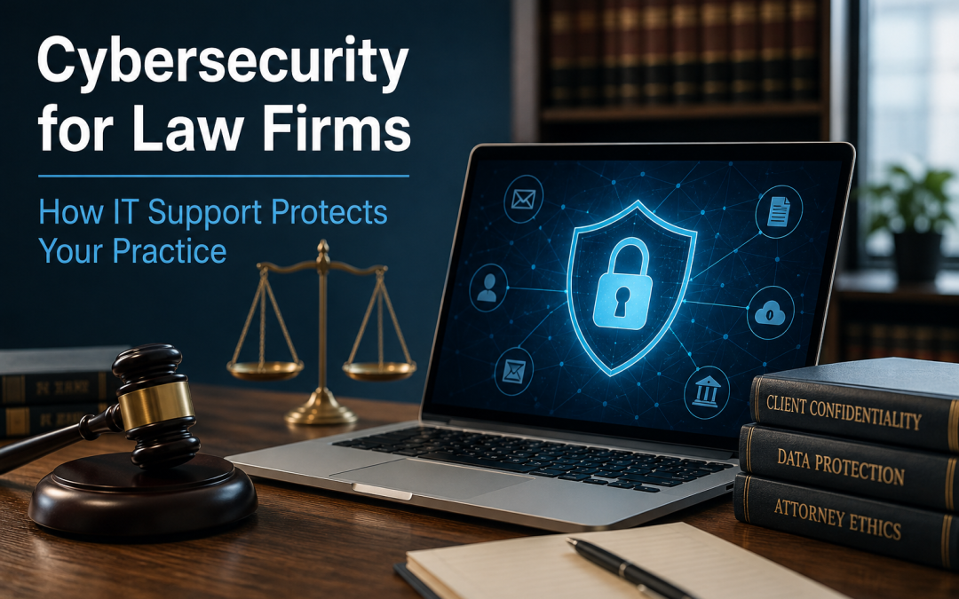 Cybersecurity for law firms with secure laptop, legal gavel and scales