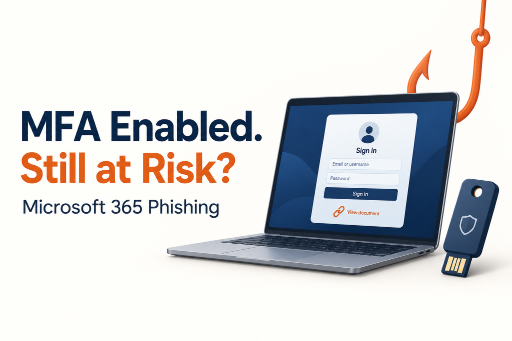 Microsoft 365 phishing illustration showing a laptop sign-in screen, phishing hook, and security key.