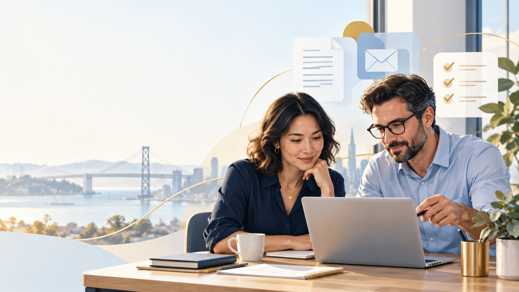 Illustration of two business professionals reviewing AI-assisted work on a laptop.