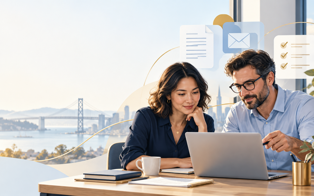 Illustration of two business professionals reviewing AI-assisted work on a laptop.