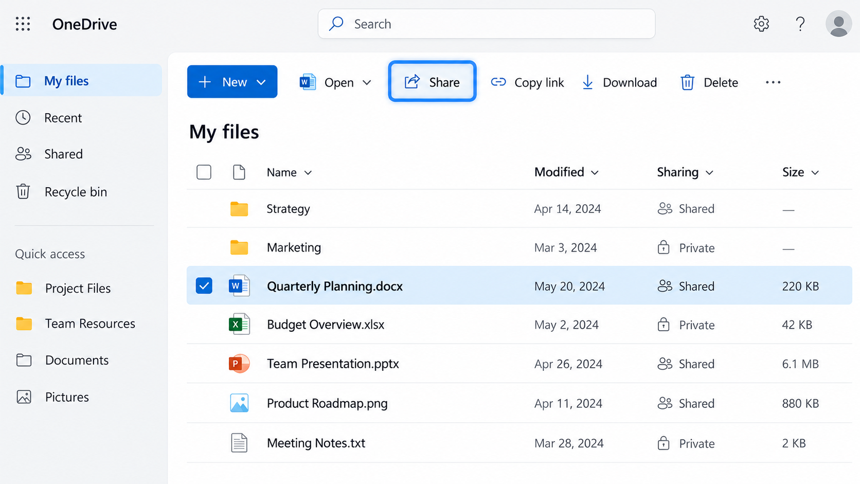 OneDrive file selected with the Share command highlighted