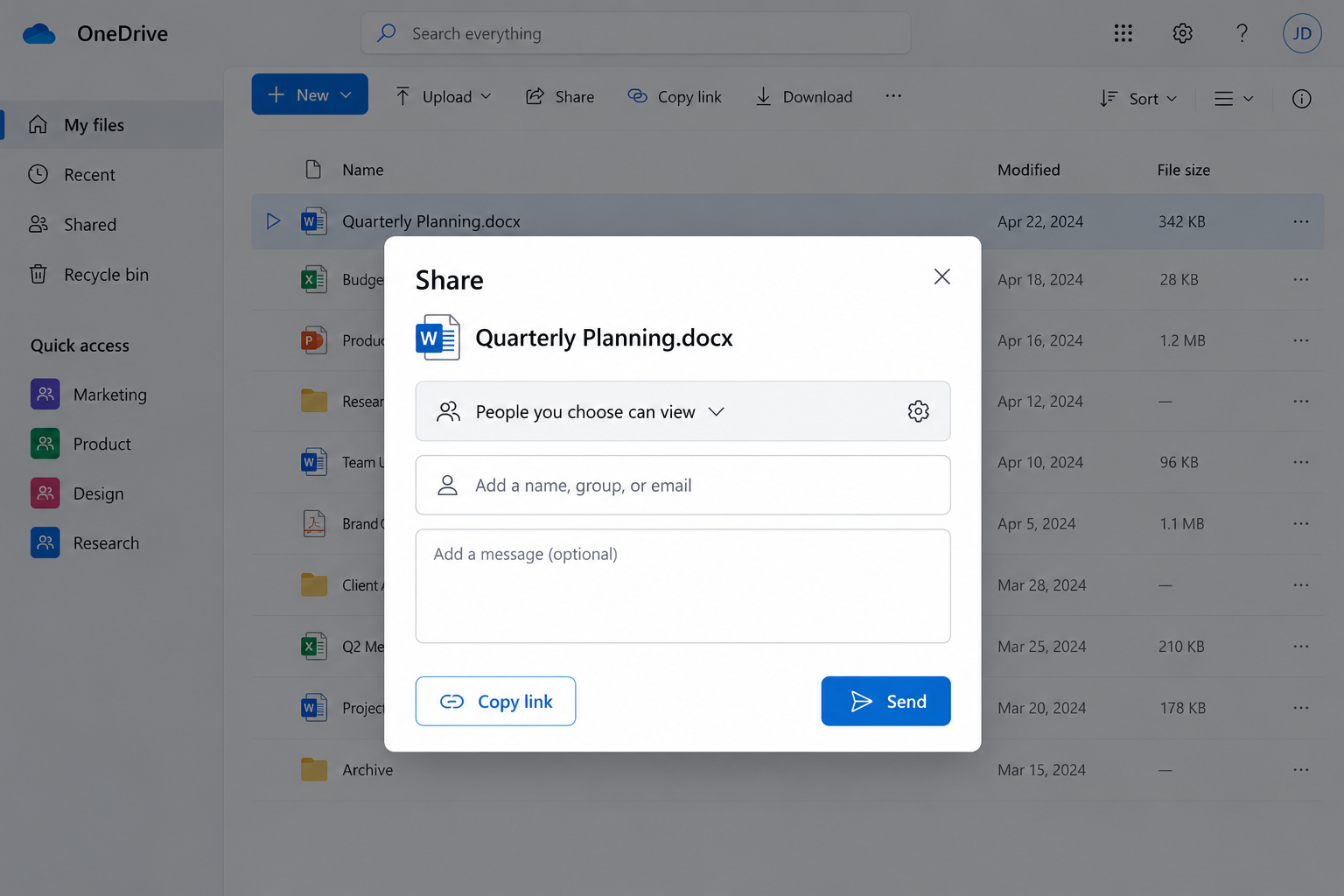 OneDrive sharing dialog with recipient and permission options