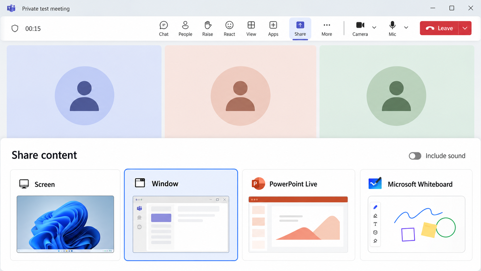 Microsoft Teams sharing options for a screen, window, PowerPoint, or whiteboard