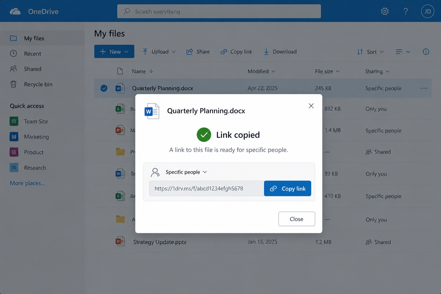 Safe OneDrive link settings with Specific people and Can view selected