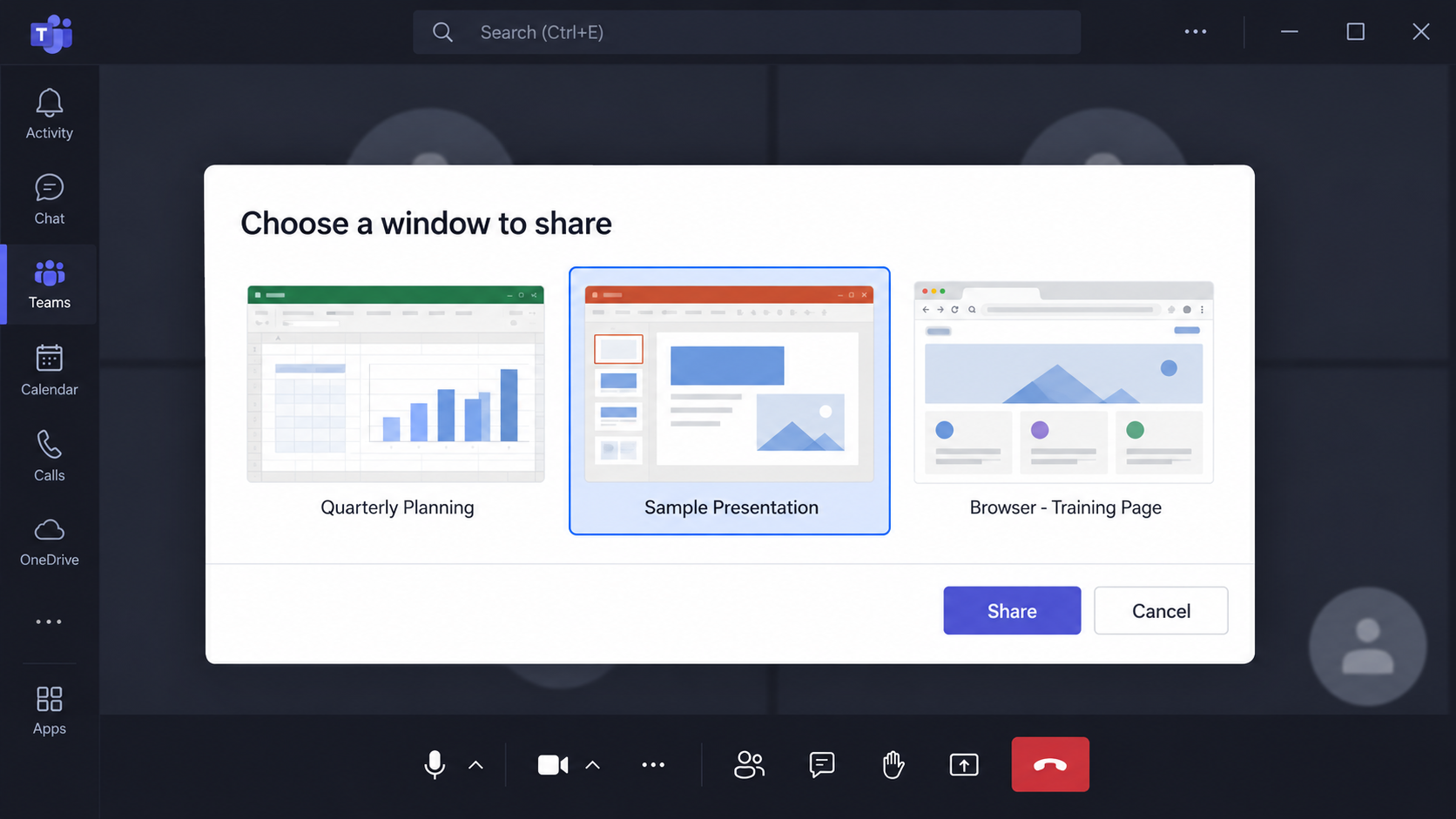 Selecting an application window to share in Microsoft Teams