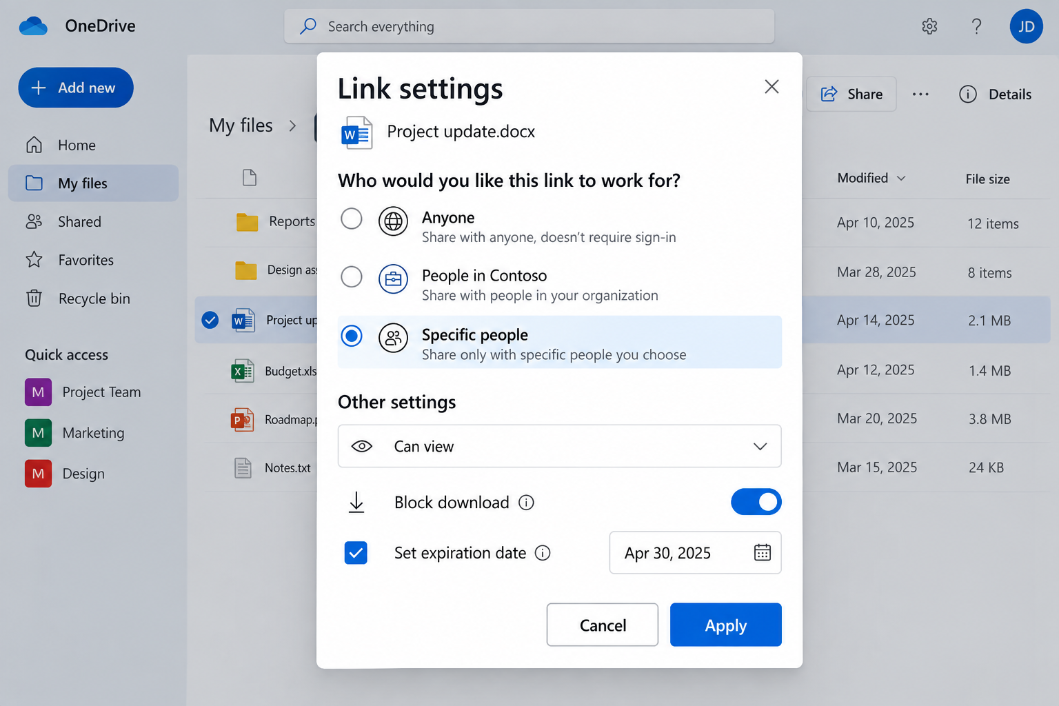 OneDrive confirmation that a restricted sharing link was copied