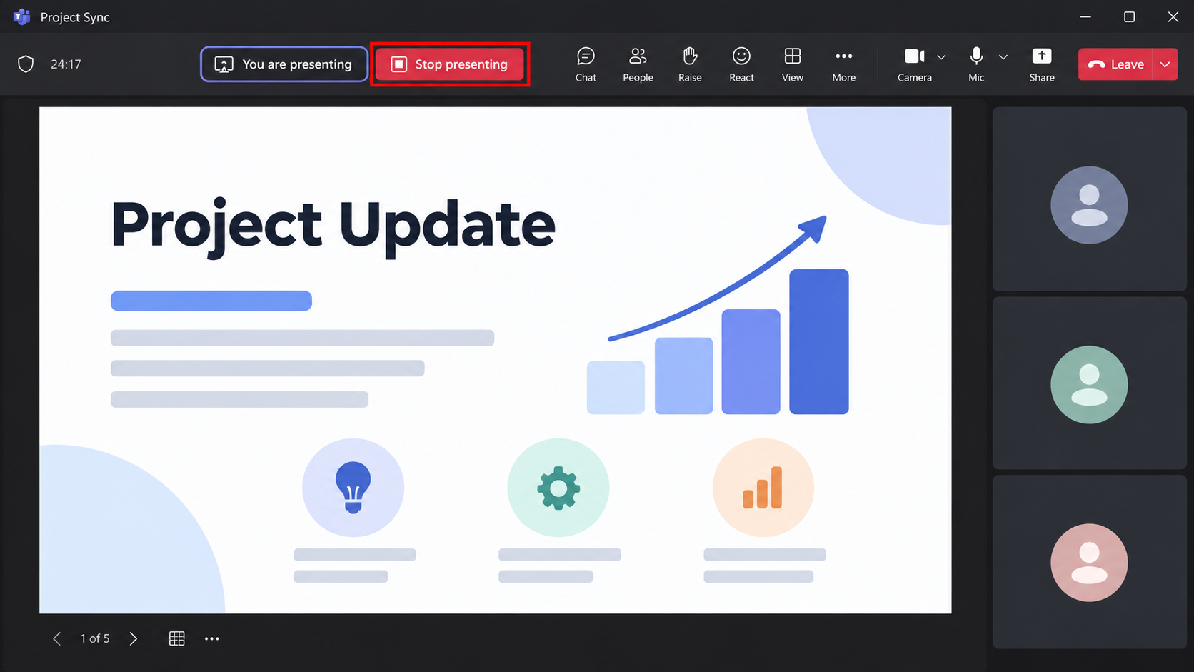 Stop presenting button displayed while sharing content in Microsoft Teams