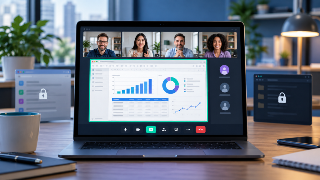 Business user securely sharing an application window during a Microsoft Teams meeting