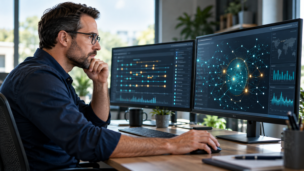 Security professional reviewing event timelines and connected threat signals on two monitors.