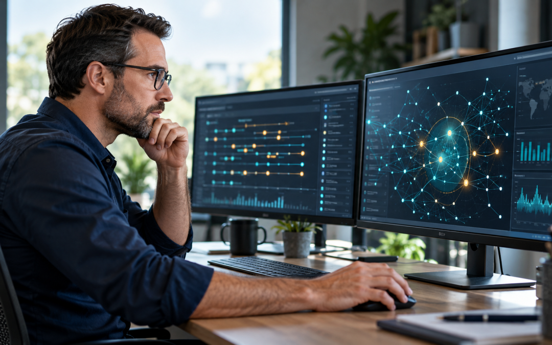 Security professional reviewing event timelines and connected threat signals on two monitors.