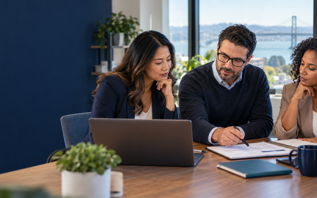 Business colleagues reviewing a workflow plan as part of Microsoft AI governance.